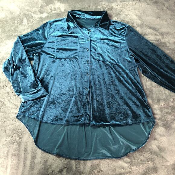 Women’s Velvet Top Button Up Long Sleeve Shirt Pockets Jewel-tone Green Size 3x - Picture 9 of 9